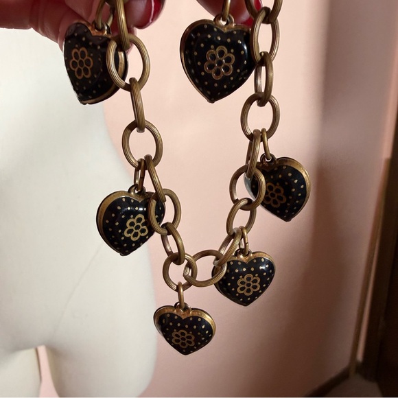 Antique Victorian revival art deco Brass Black enamel Heart Charm bracelet - Picture 3 of 17